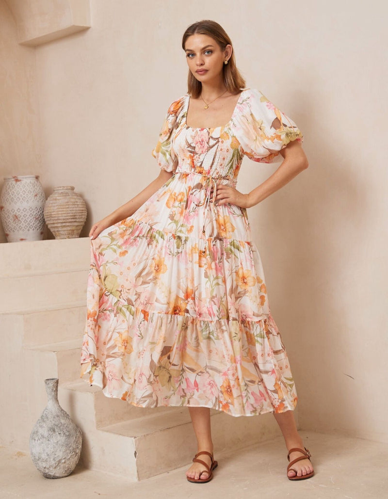 Meadow Shirred Bodice Midi Dress in White Floral