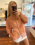 River Button Down Collarless Sheer Linen Shirt in Peach