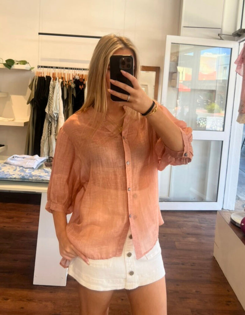 River Button Down Collarless Sheer Linen Shirt in Peach