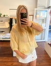 River Button Down Collarless Sheer Linen Shirt in Lemon