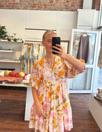 Sarah Button Front V Neck Dress in Yellow/PinkFloral