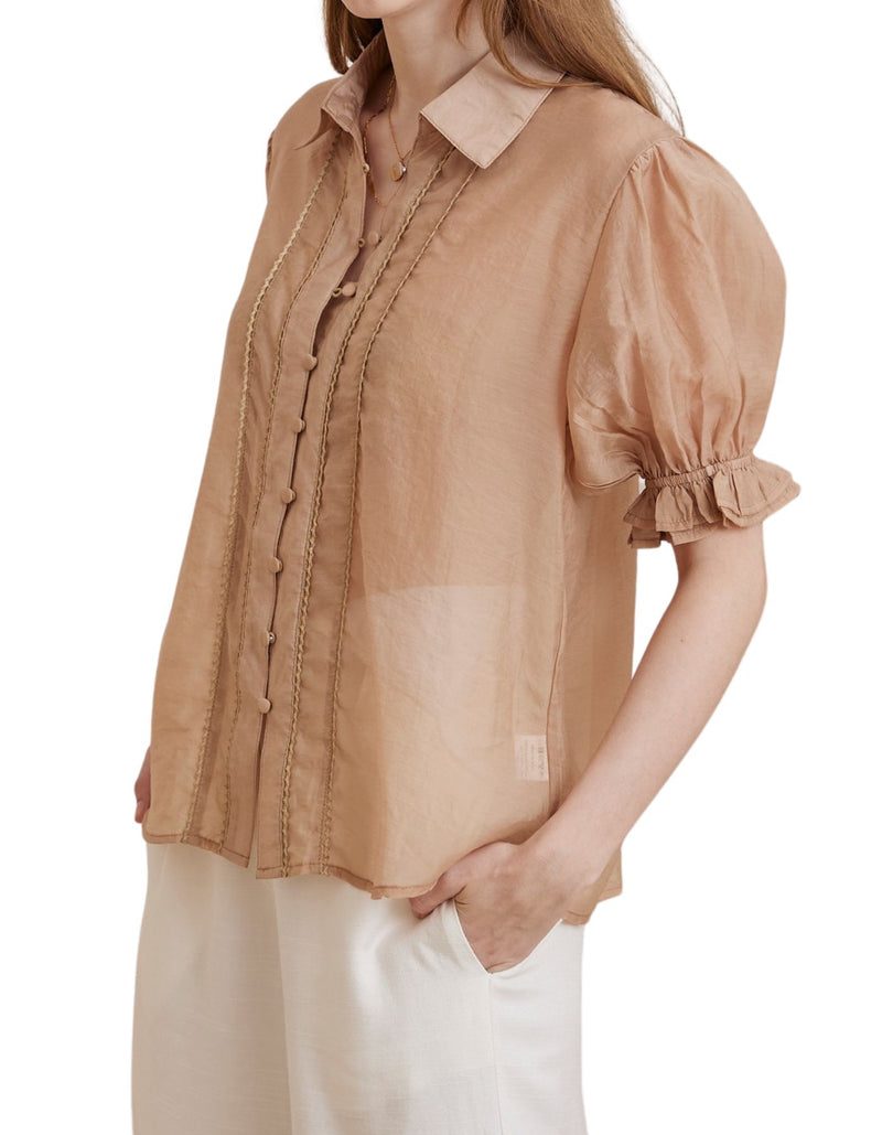 Orlyn Short Sleeve Button Front Blouse in Caramel