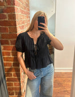 Sia Short Sleeve Front Tie Pleat Top in Black Cotton