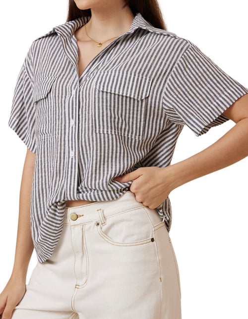 Melia Scoop Front Short Sleeve Shirt in Grey Stripe