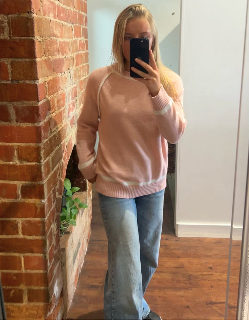 Kobe Crew Neck White Line Jumper in Blush