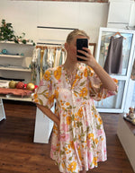 Sarah Button Front V Neck Dress in Yellow/PinkFloral