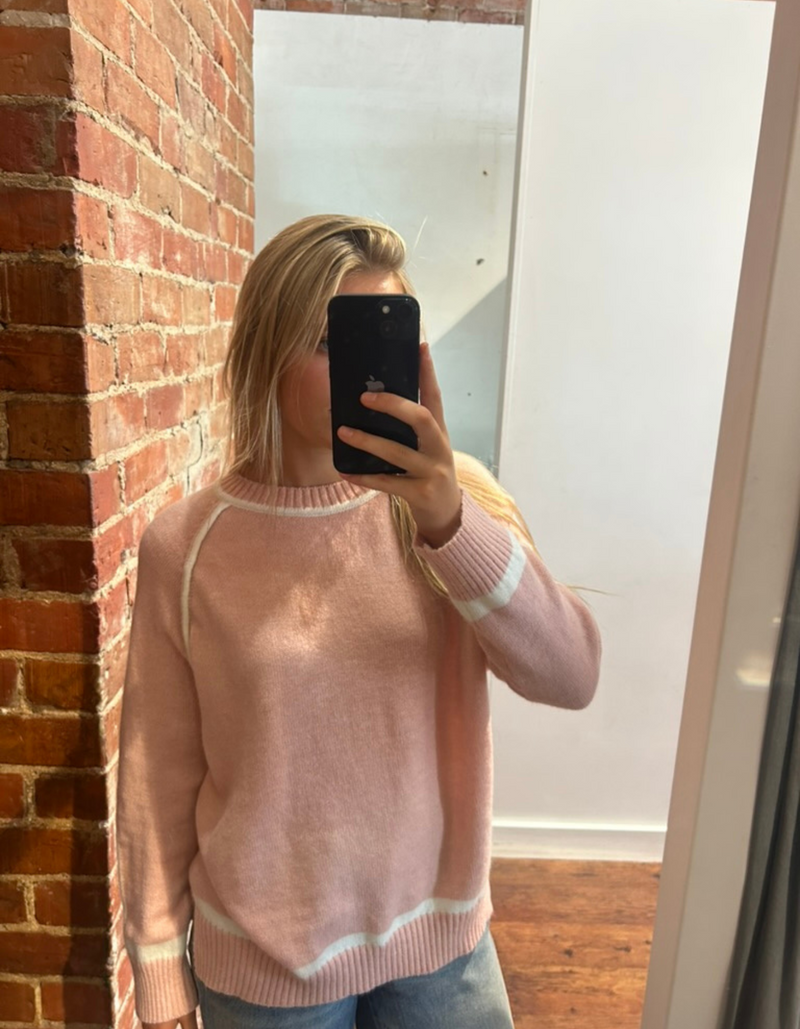 Kobe Crew Neck White Line Jumper in Blush