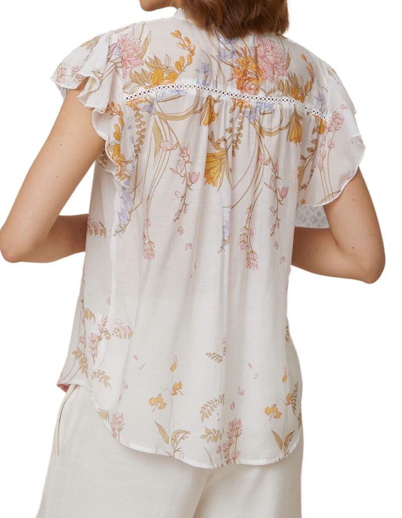 Cyrene Flutter Sleeve V Neck Top in White Floral