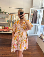 Sarah Button Front V Neck Dress in Yellow/PinkFloral