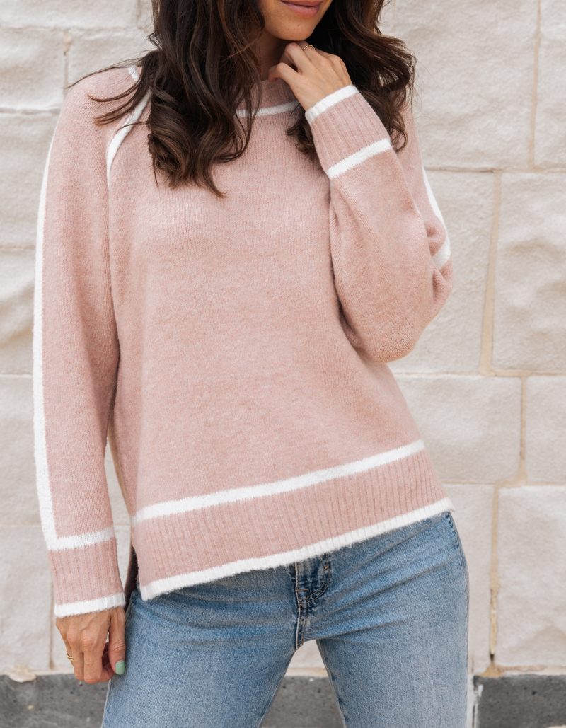 Kobe Crew Neck White Line Jumper in Blush