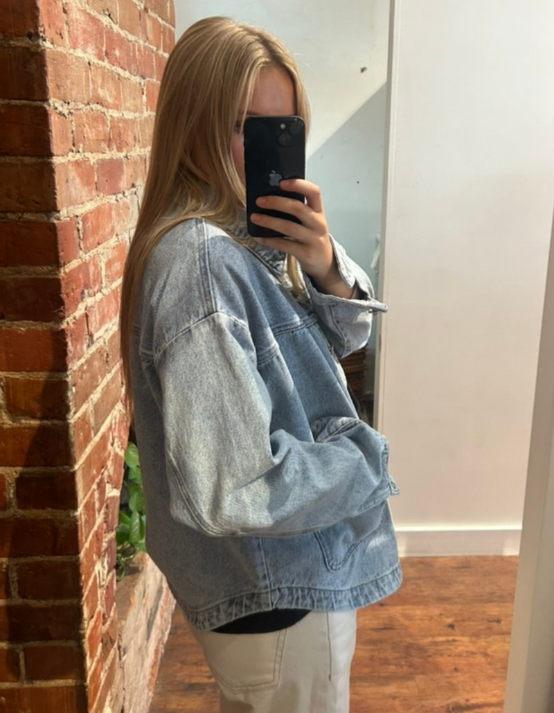 Kat Curved Hem Denim Jacket in Blue Wash