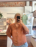 River Button Down Collarless Sheer Linen Shirt in Tan