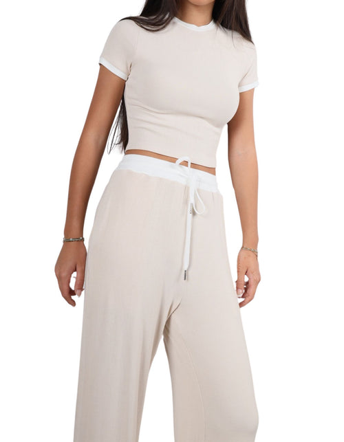 Lumas Crew Neck Stretch Crop Top in Beige