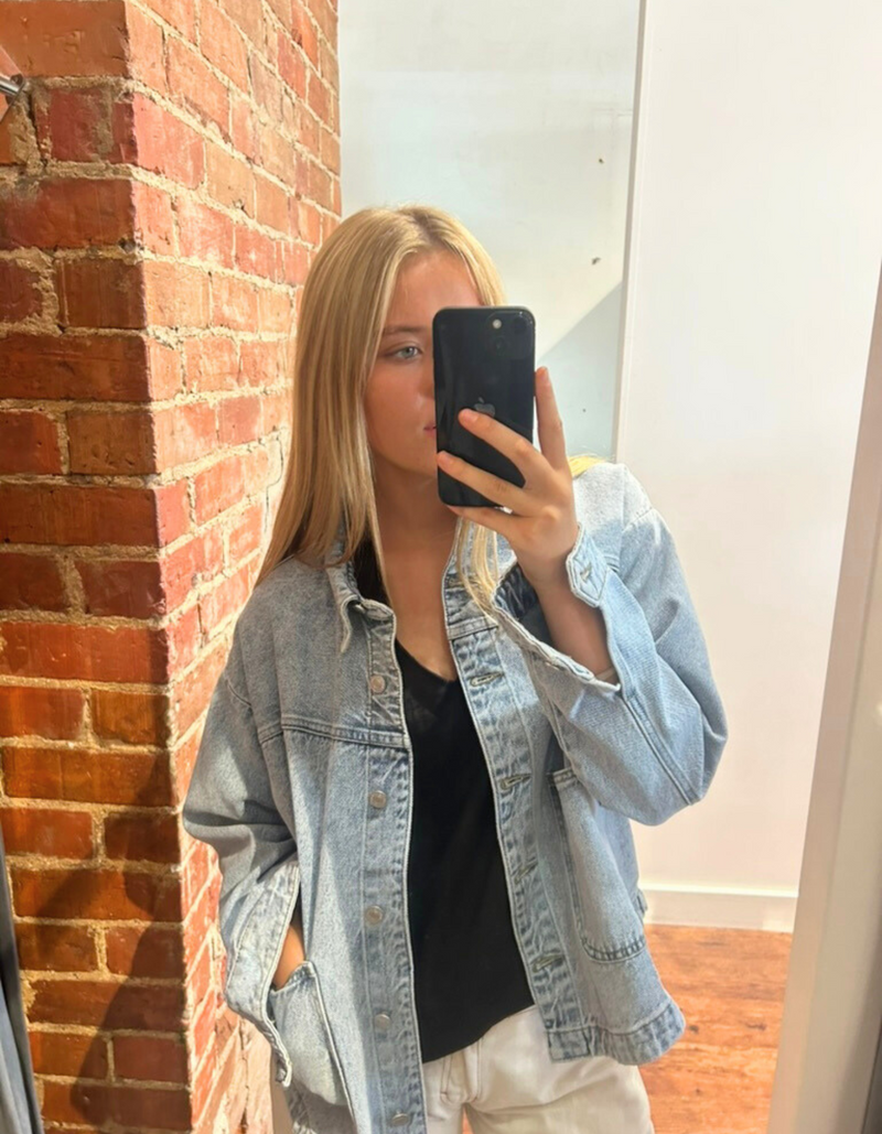 Kat Curved Hem Denim Jacket in Blue Wash