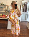 Sarah Button Front V Neck Dress in Yellow/PinkFloral