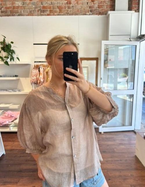 River Button Down Collarless Sheer Linen Shirt in Taupe