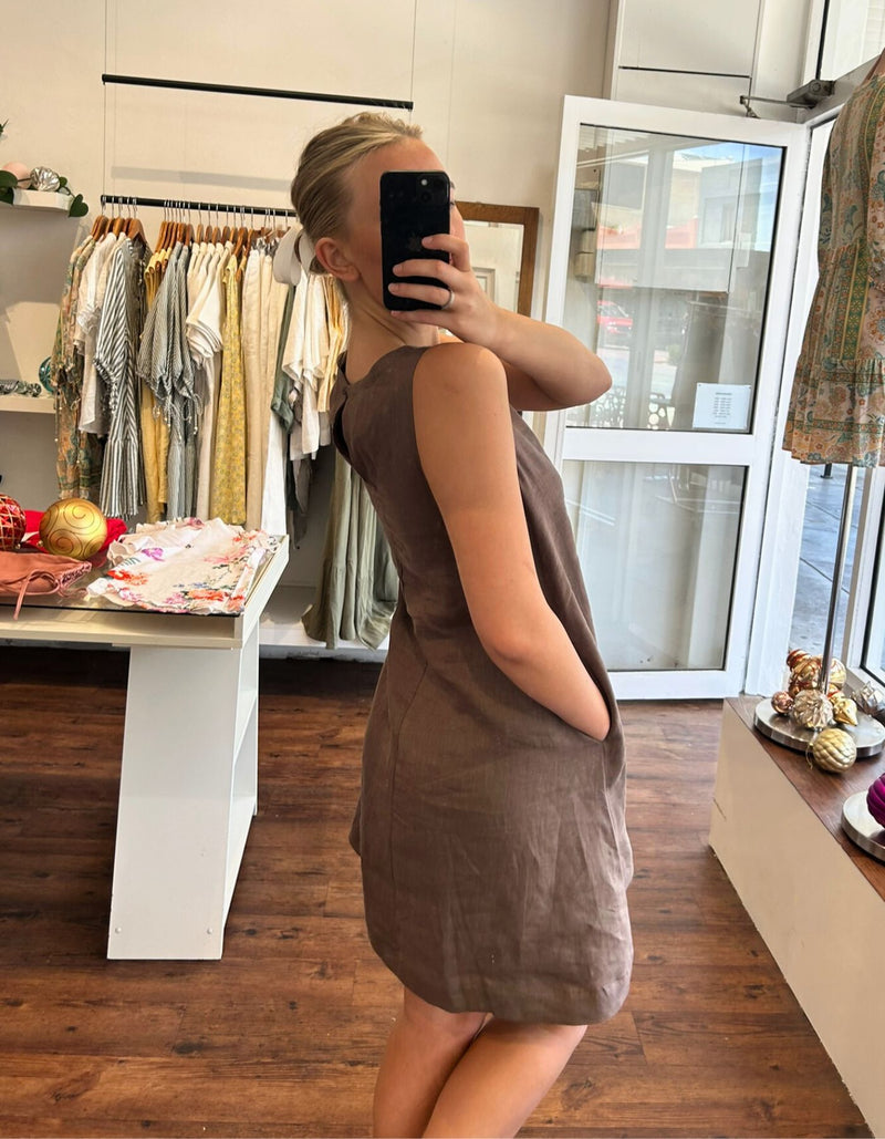 Apex A Line Sleeveless Shift Dress in Brown