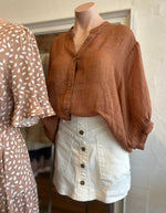 River Button Down Collarless Sheer Linen Shirt in Tan