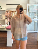 River Button Down Collarless Sheer Linen Shirt in Taupe