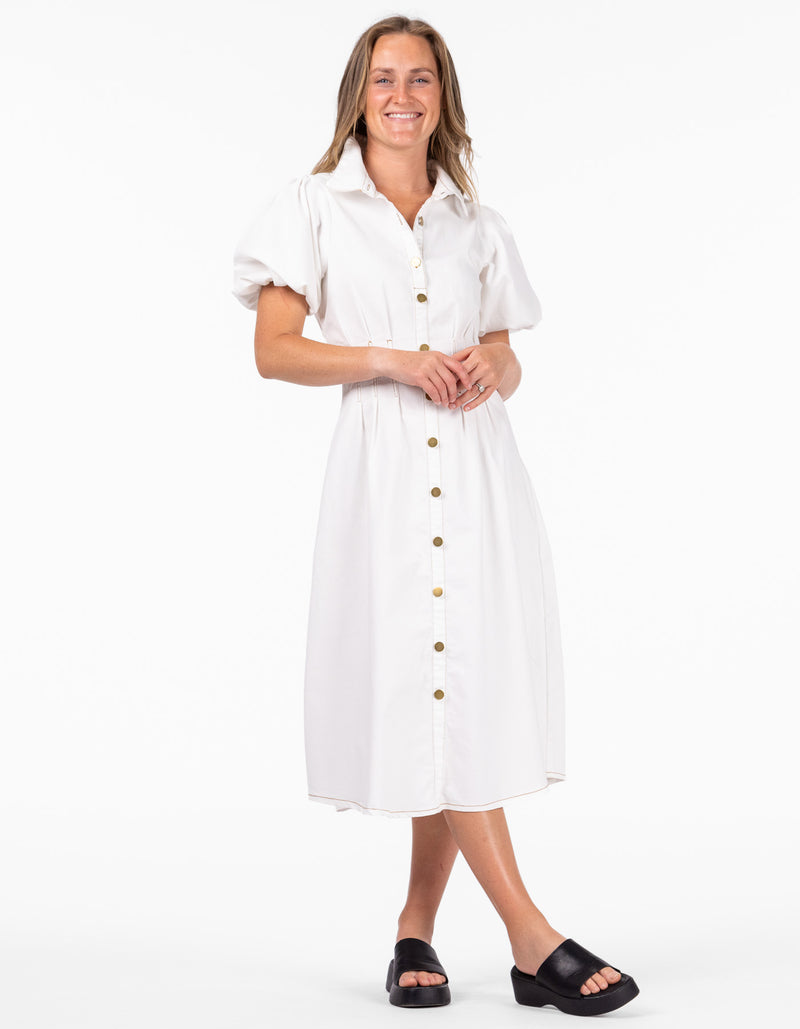 Austin Short Sleeve Button Down Midaxi Dress in White Denim