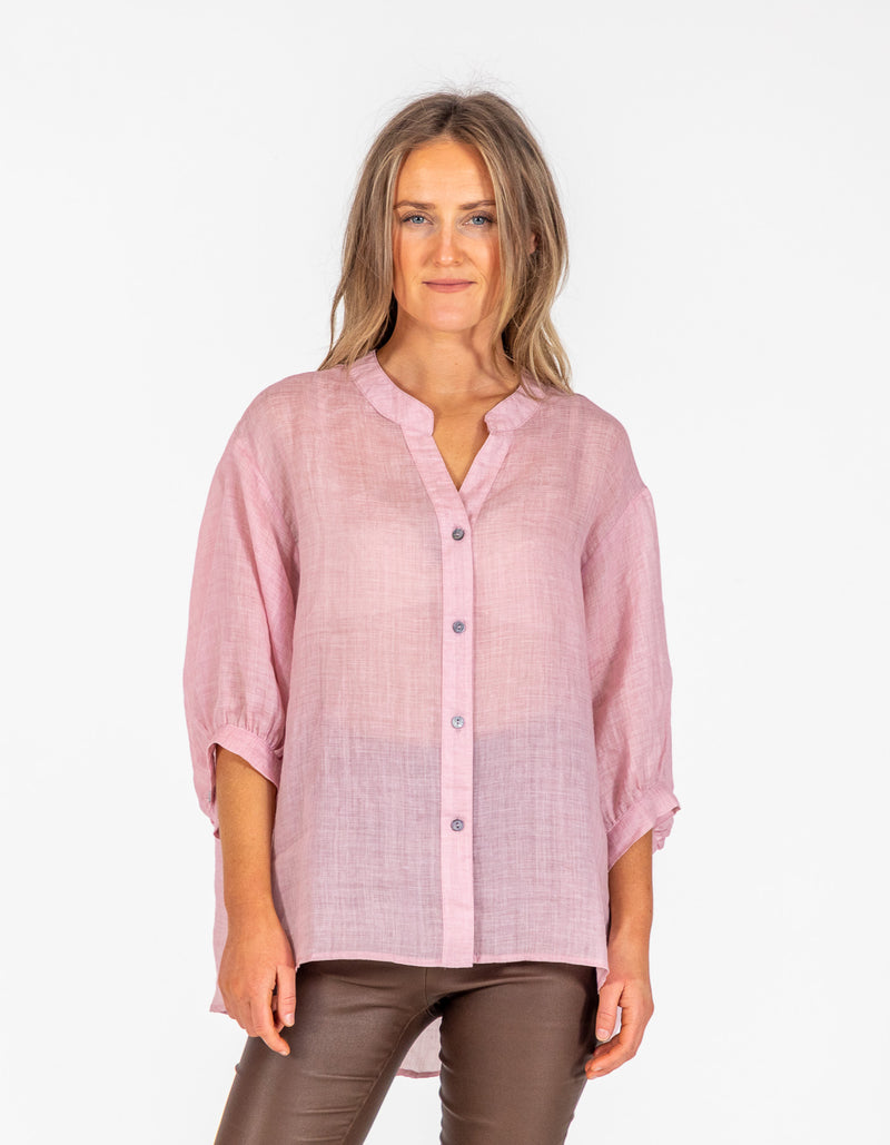 River Button Down Collarless Sheer Linen Shirt in Blush