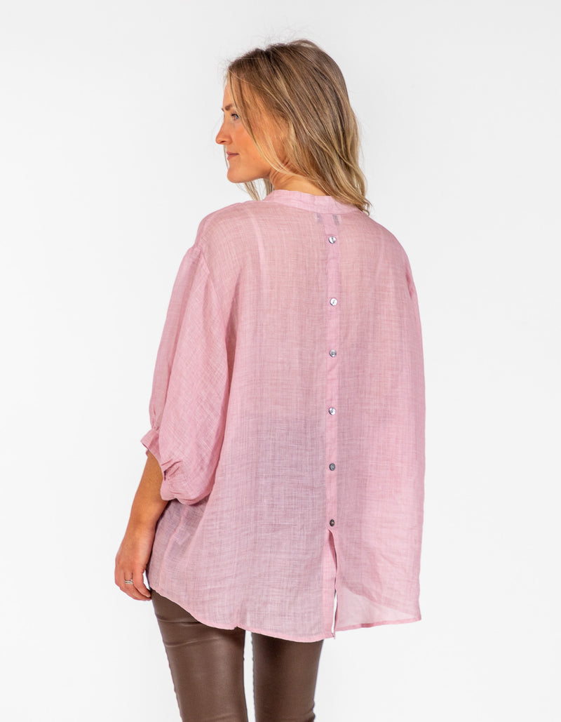 River Button Down Collarless Sheer Linen Shirt in Blush