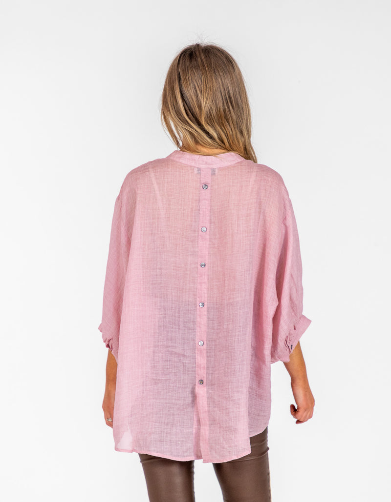 River Button Down Collarless Sheer Linen Shirt in Blush