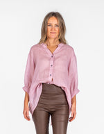 River Button Down Collarless Sheer Linen Shirt in Blush