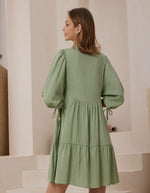 Presley Button Front V Neck Dress in Green