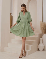 Presley Button Front V Neck Dress in Green