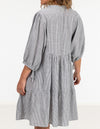 Eliza Button Front V Neck Dress in Grey Stripe